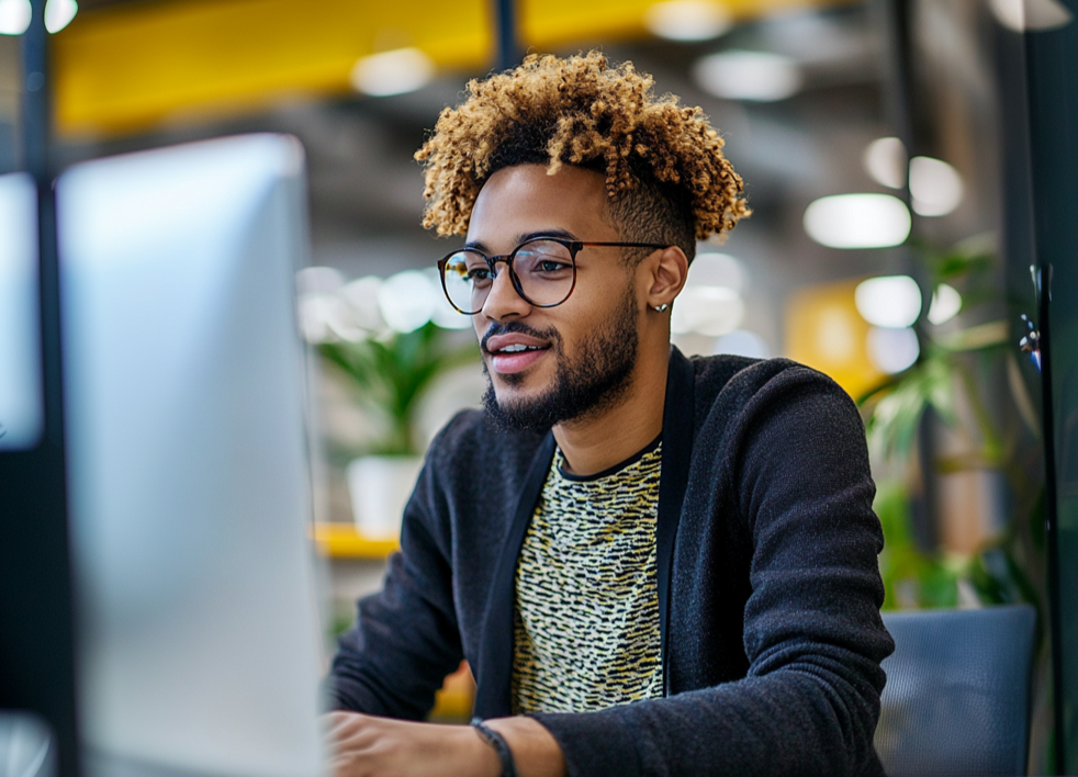 Ein junger Mitarbeiter im Büro der eine Online Schulung absolviert